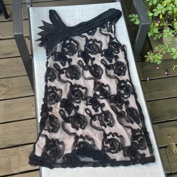 Vintage Style Evening Dress Black & Beige Rose Flower Netting Off Shoulder - Picture 6 of 6